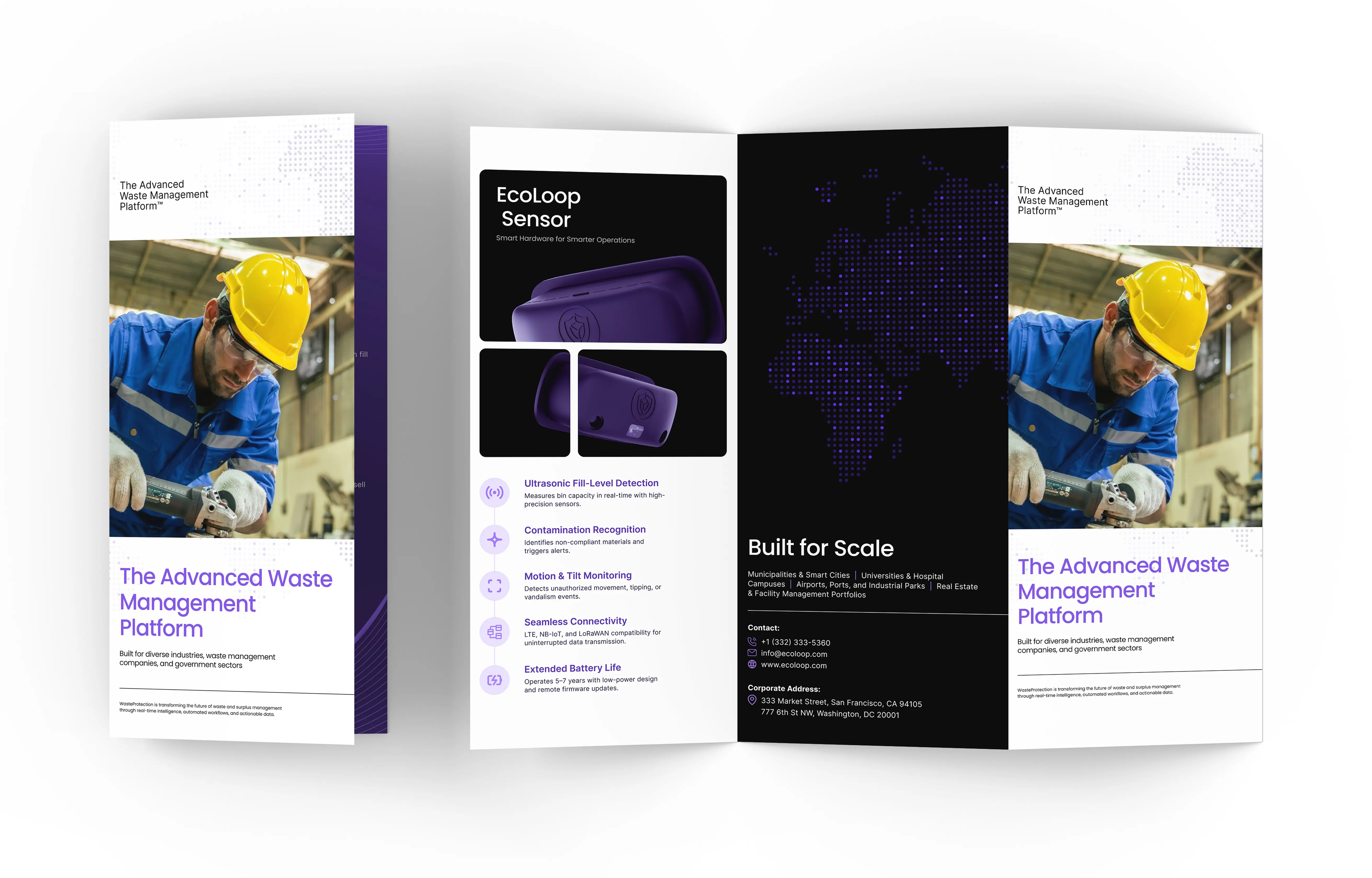 EcoLoop tri-fold brochure — sensor spec, contact page, and field photography