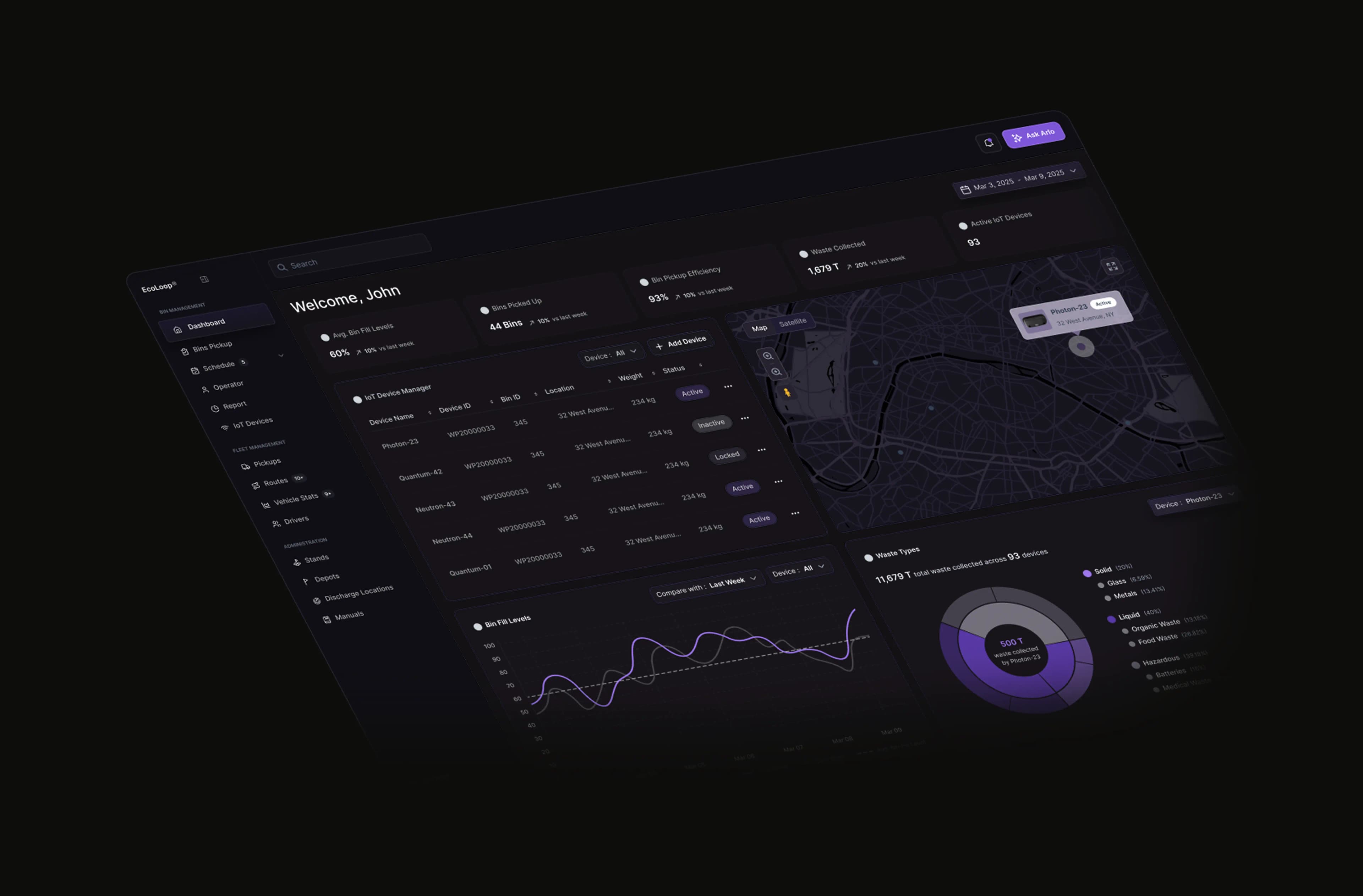 EcoLoop dark-theme cinematic render — iridescent glass shell wrapped around the mobile homepage