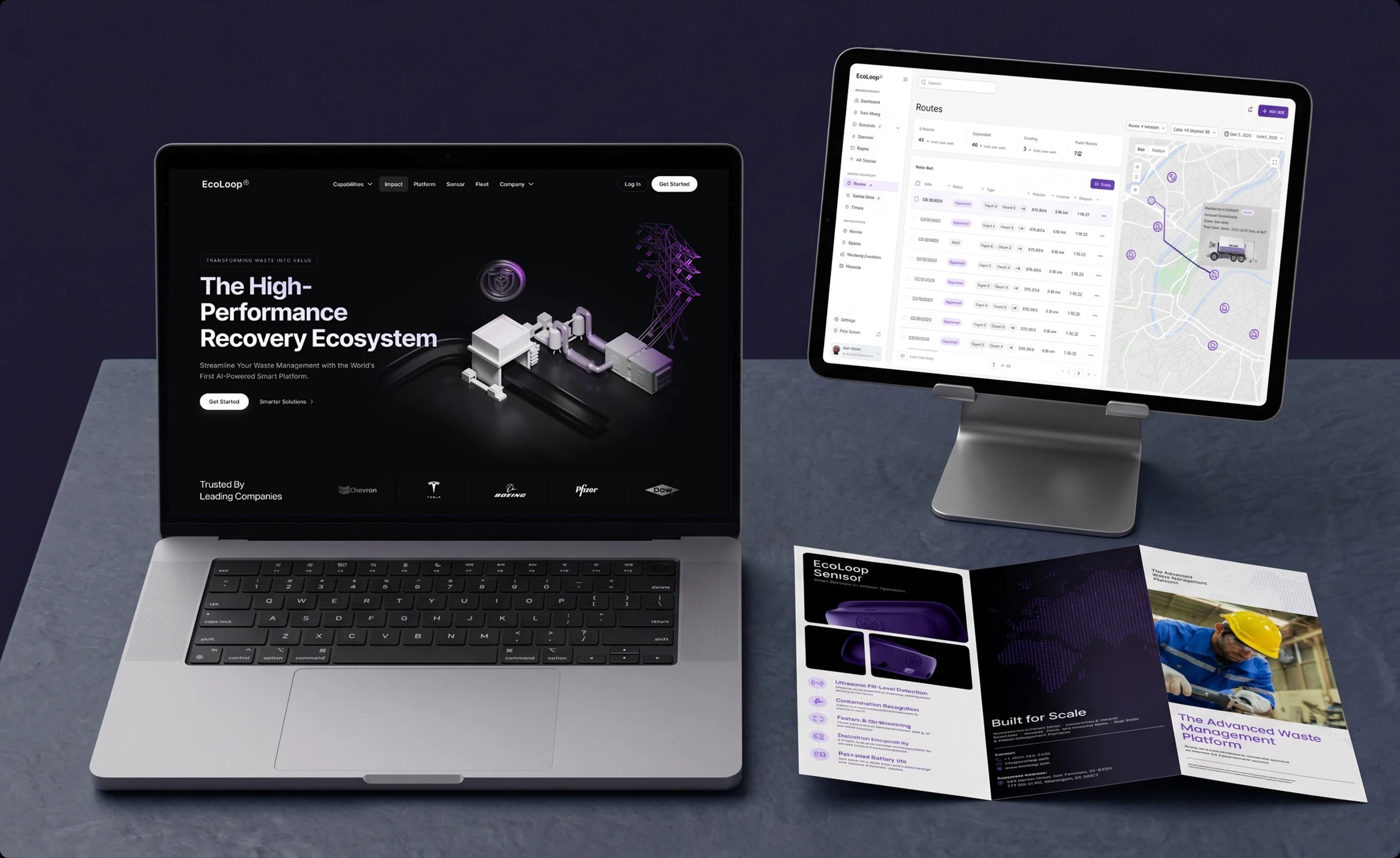 EcoLoop case study hero — laptop, tablet, and brochure showing the brand applied across surfaces