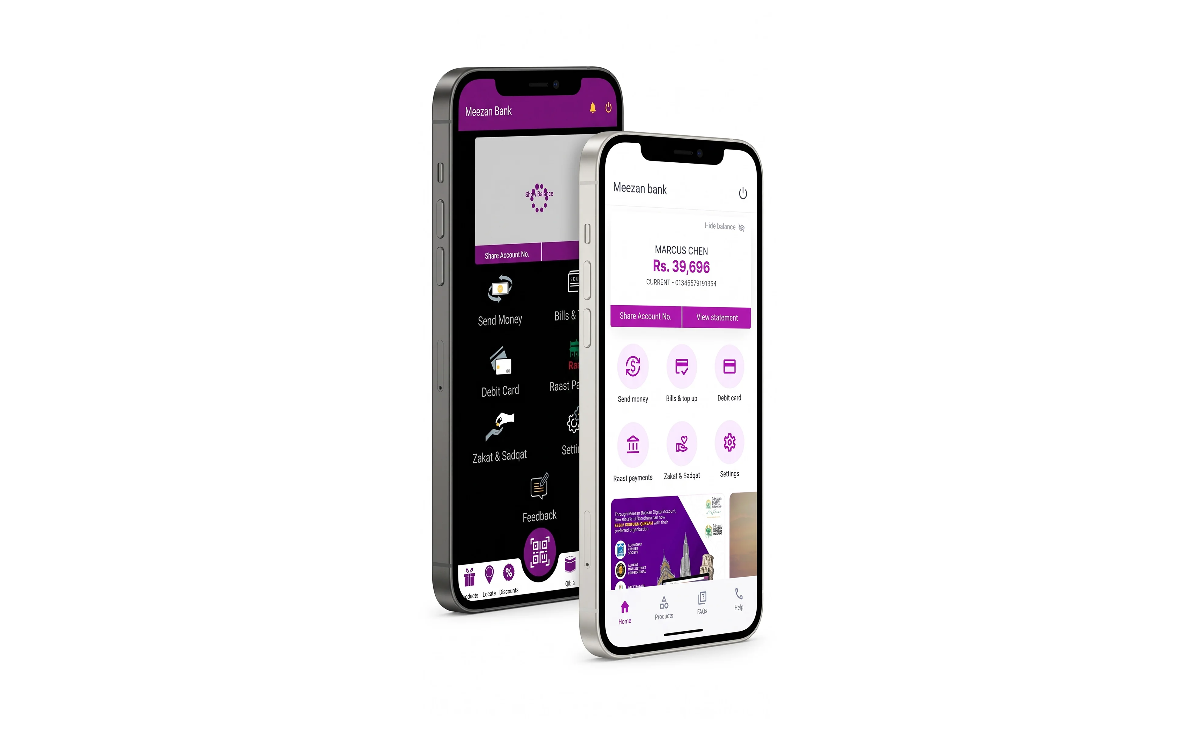 Meezan Bank case study hero — three angled phones showing the redesigned app