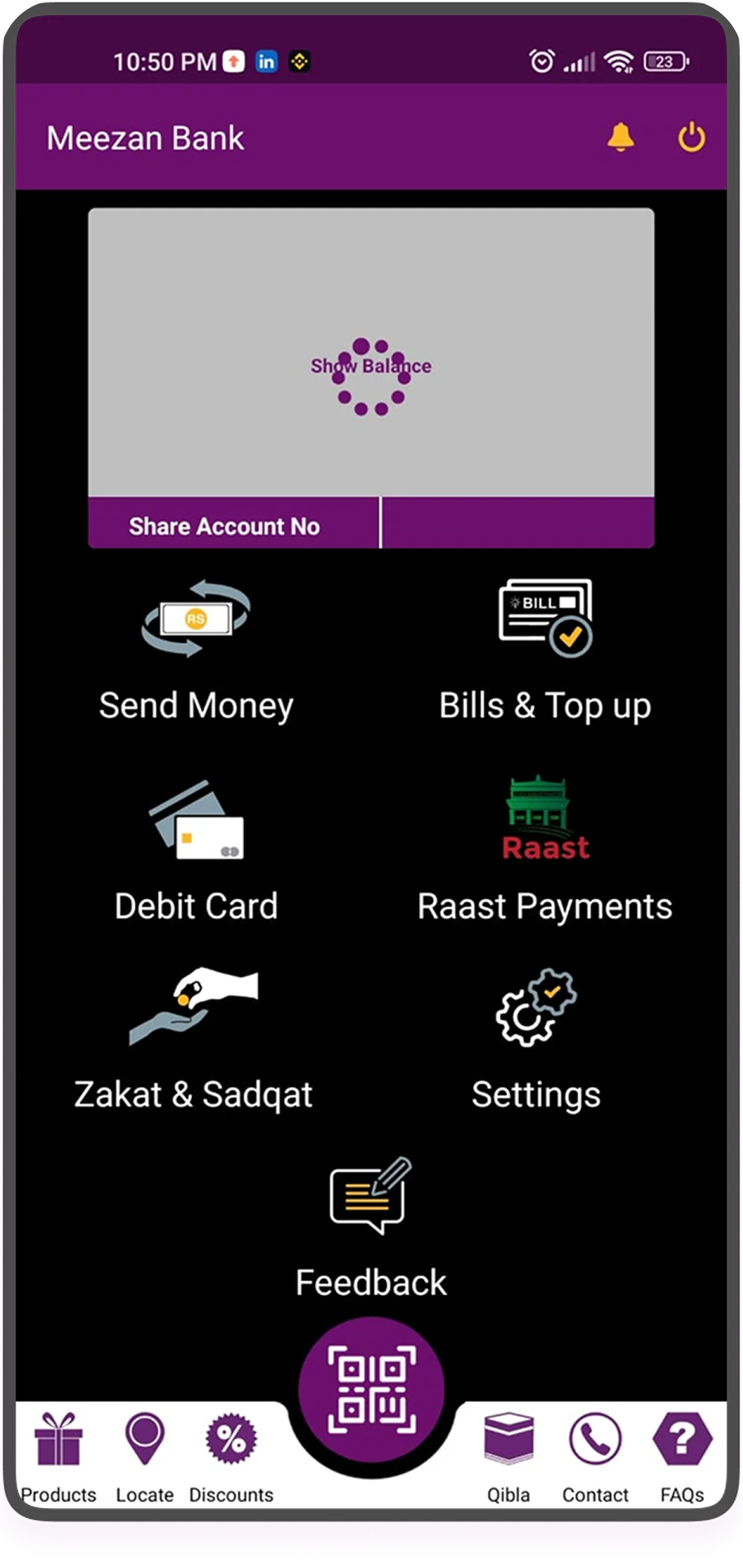 Legacy Meezan Bank app — cluttered home screen