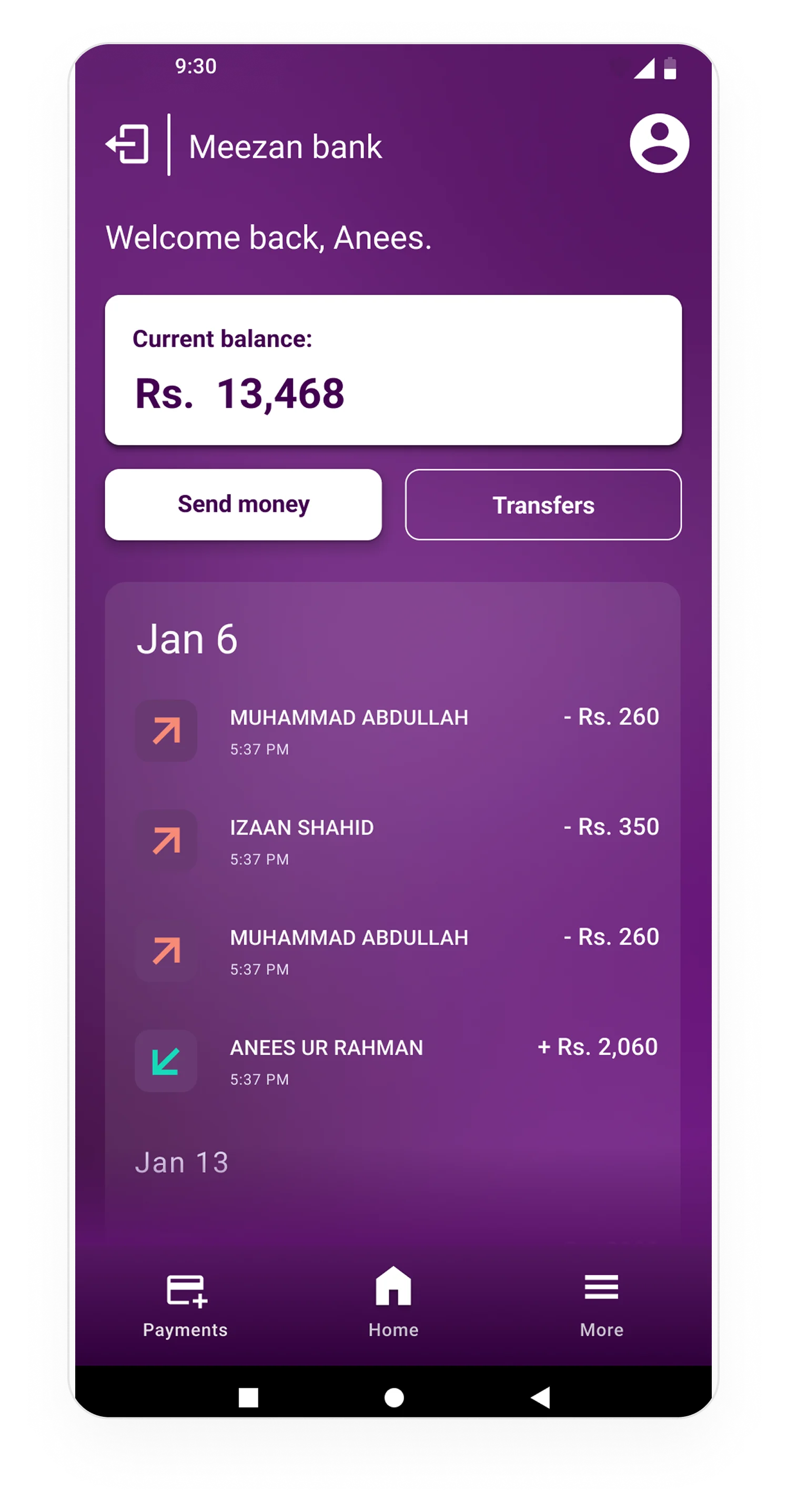 Meezan dashboard with balance, send money, and quick actions
