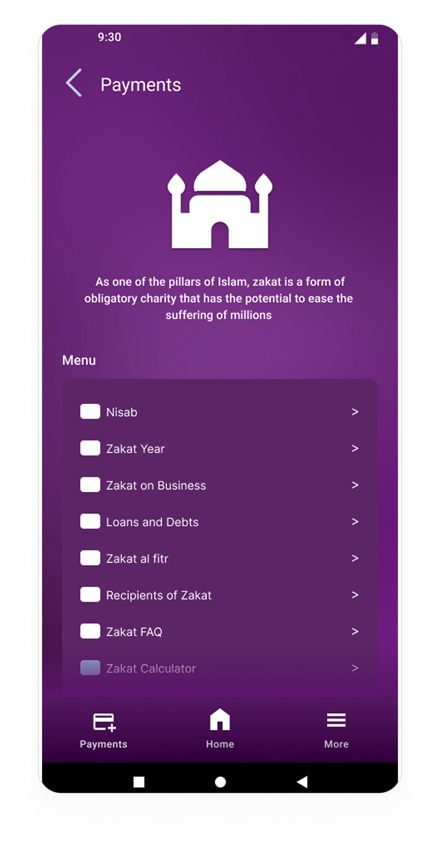 Zakat payment options and settings screen