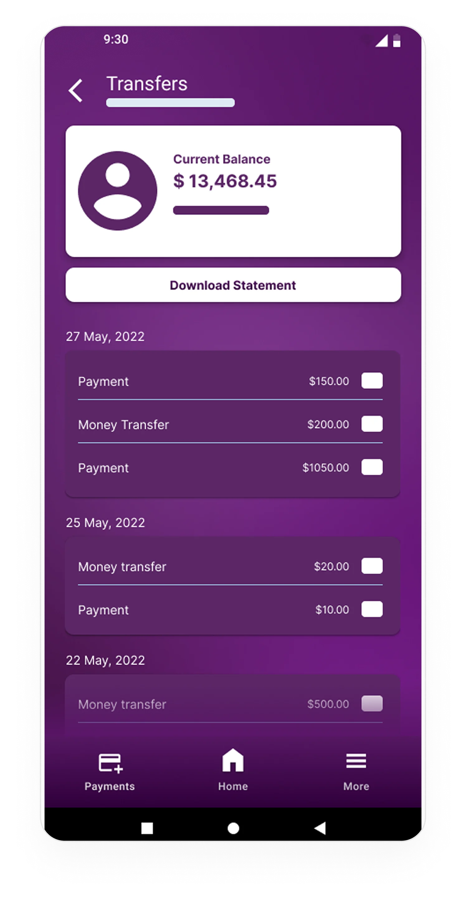 Transfer detail screen with statement download