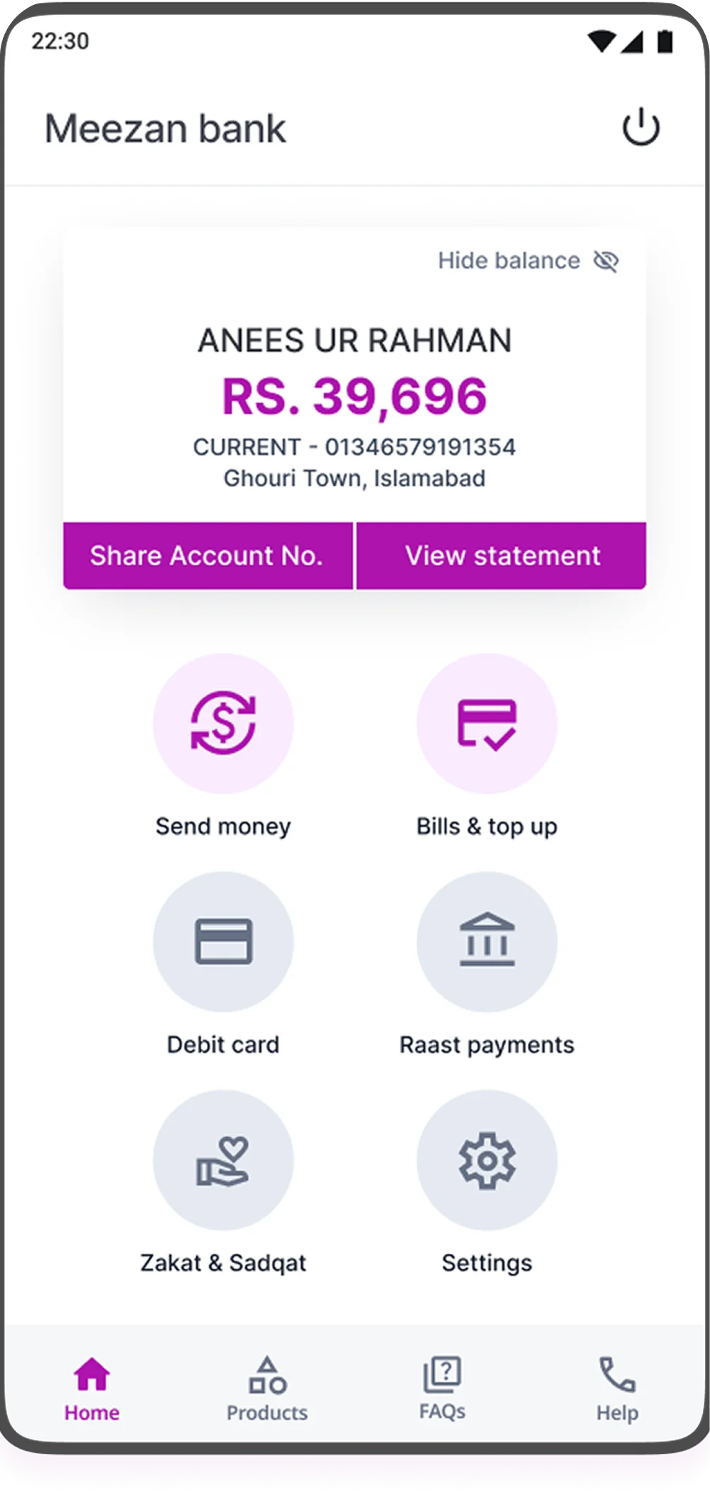 Meezan Bank V2 — redesigned home screen with clear hierarchy